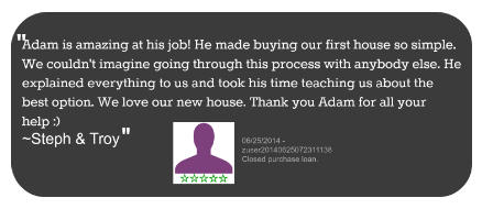 Testimonial from satisfied clients Steph and Troy praising Adam's exceptional service in simplifying their home buying process, featuring a five-star rating and a silhouette icon.