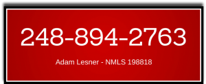 Contact information for Adam Lesner, VA loan specialist, featuring phone number 248-894-2763 and NMLS ID 198818.