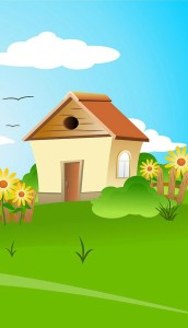 Illustration of a quaint house with a brown roof, surrounded by green grass, colorful flowers, and a clear blue sky, symbolizing homeownership and land contracts in Michigan.
