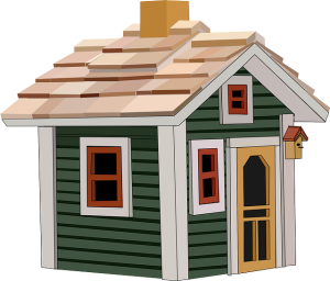Cartoon-style green cottage with a brown roof and red windows, symbolizing home ownership and real estate transactions related to land contracts.