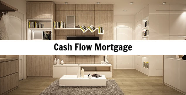 Modern living room interior with minimalist design and text overlay "Cash Flow Mortgage," emphasizing mortgage options for self-employed borrowers and real estate investors.